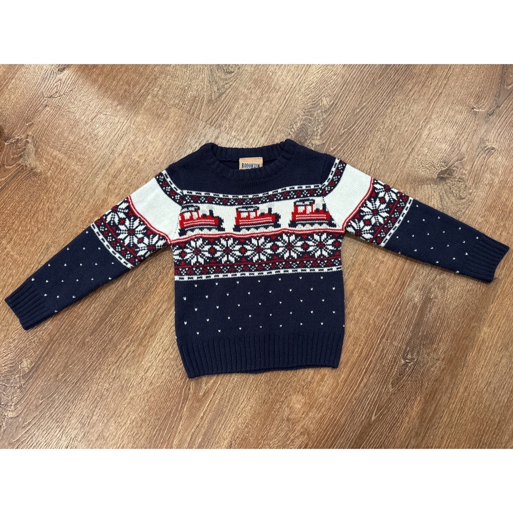 Brooklyn Kids 2T Navy Blue Fair Isle Train Knit Sweater Holiday Pullover